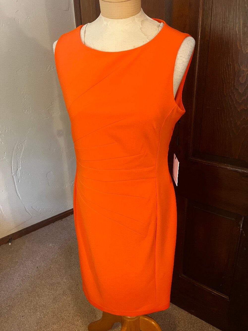 NWT Calvin Klein Orange Ruched Pleated Sheath Dress Size 10 - Picture 2 of 14